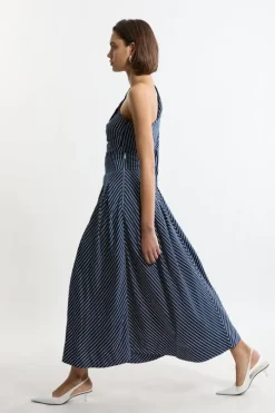 Striped Cotton Pleated Woven Maxi Skirt