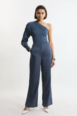 Striped Twill Wide Leg Woven Pants
