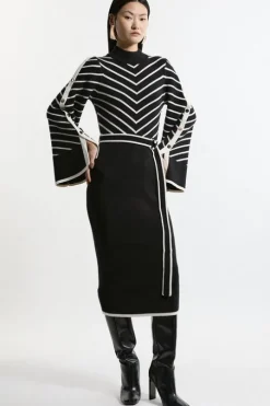 Striped Viscose Blend Knit Belted Midi Dress