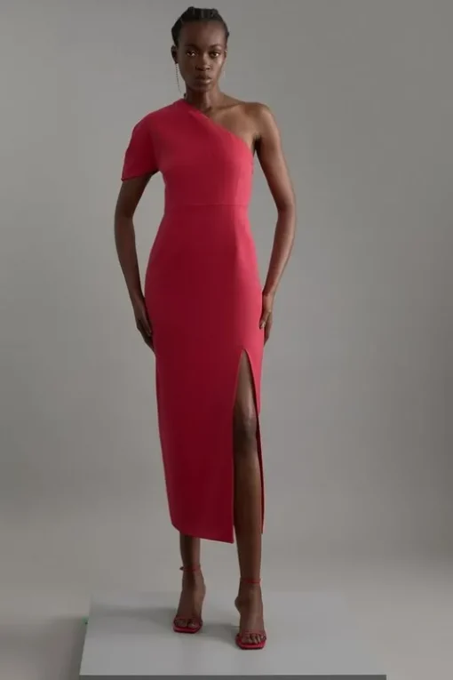 Structured Crepe Asymmetric Cape Detail Tailored Midi Dress