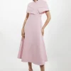 Structured Crepe Cape Detail Full Skirted Tailored Midi Dress