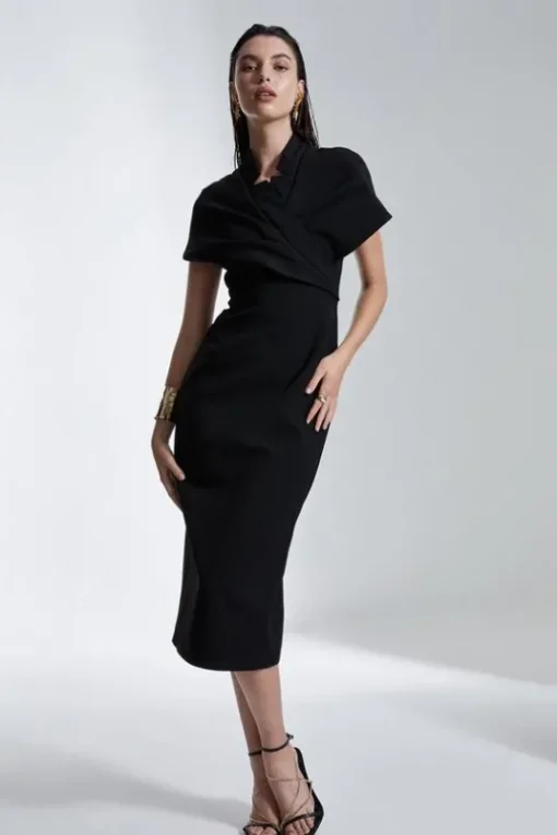 Structured Crepe Cape Detail Midi Dress
