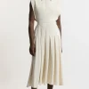 Structured Crepe Pleated Sleeveless Shirt Tailored Midi Dress