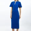 Structured Crepe Ruffle Sleeve Tailored Midi Pencil Dress