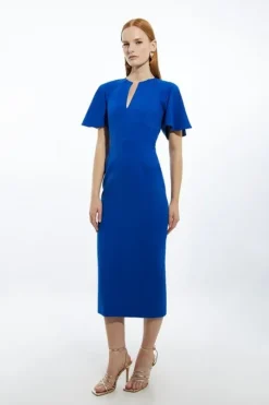 Structured Crepe Ruffle Sleeve Tailored Midi Pencil Dress