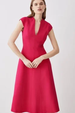 Structured Crepe Seam Detail High Neck Full Skirt Midi Dress