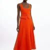 Structured Crepe Tailored Full Skirted Panel Belted Midi Dress