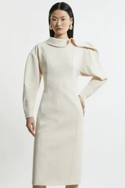 Structured Crepe Tailored Asymmetric Zip Neck Midi Dress