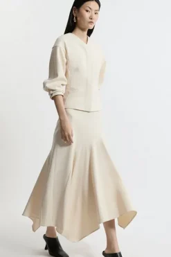 Structured Crepe Tailored Asymmetric Drape Midi Skirt