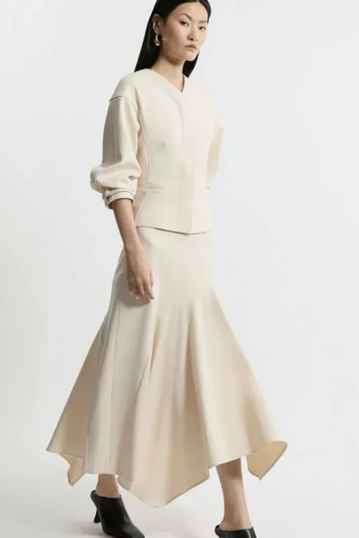 Structured Crepe Tailored Asymmetric Drape Midi Skirt