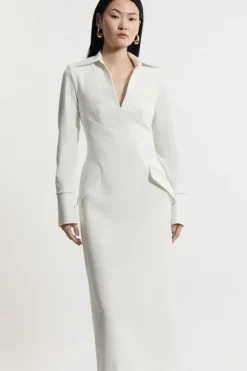 Structured Crepe Tailored Collared Pencil Maxi Dress
