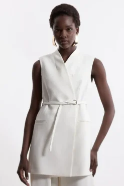 Structured Crepe Tailored Collarless Belted Sleeveless Blazer