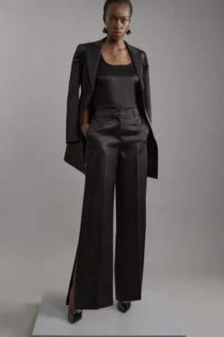 Structured Viscose Satin Tailored Wide Leg Pants