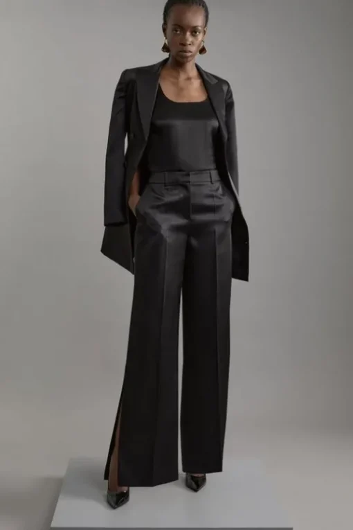 Structured Viscose Satin Tailored Wide Leg Pants