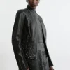 Studded Leather Collarless Moto Jacket