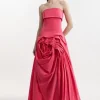 Taffeta Bandeau Tailored Rosette Pleat Maxi Dress