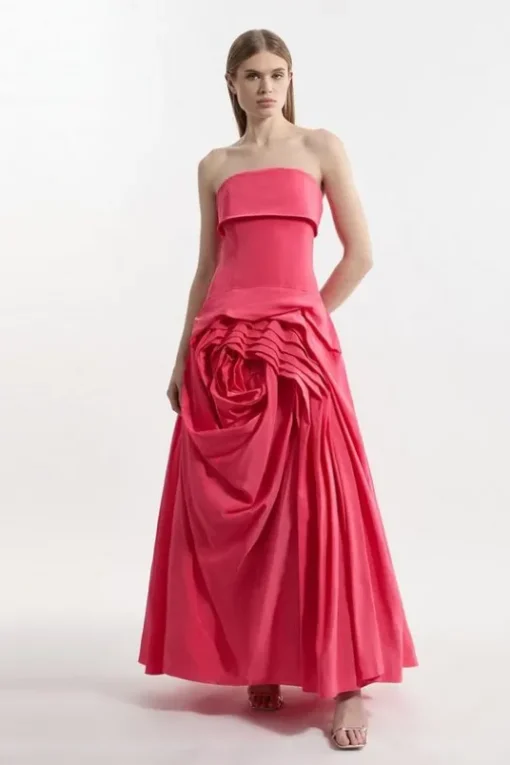 Taffeta Bandeau Tailored Rosette Pleat Maxi Dress