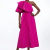 Taffeta One Shoulder Ruffle Midi Dress