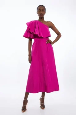 Taffeta One Shoulder Ruffle Midi Dress