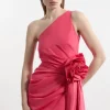 Taffeta One Shoulder Tailored Rosette Drape Mini Dress
