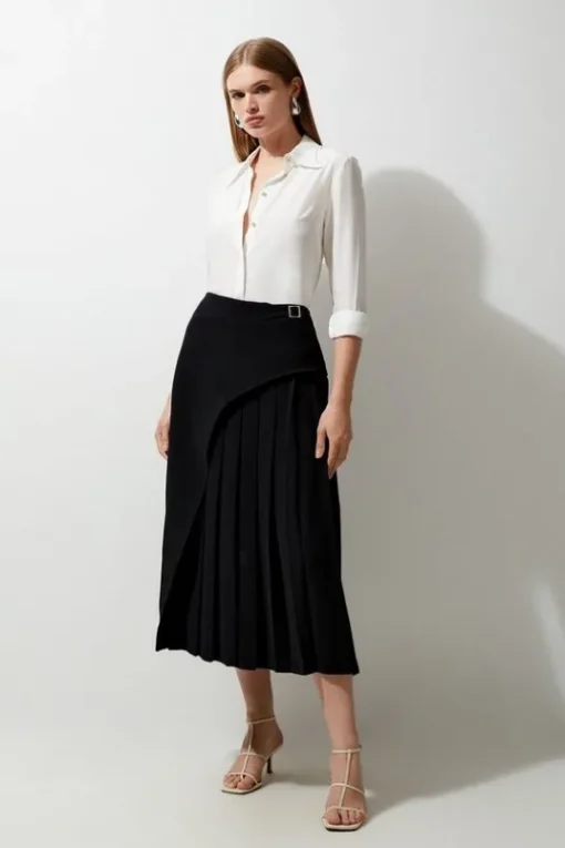 Tailored Buckle Detail Pleated Midi Skirt