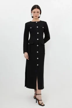 Tailored Compact Stretch Button Through Midi Dress