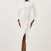 Tailored Compact Stretch Round Sleeve Ruched Midi Dress