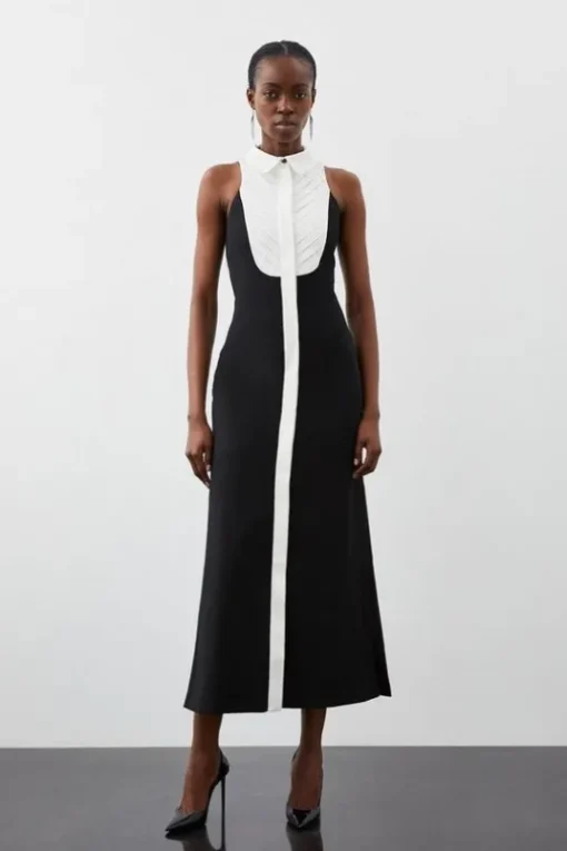 Tailored Compact Stretch Tuxedo Halter Neck Maxi Dress