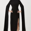 Tailored Compact Stretch Viscose Cape Mesh Panel Midi Dress
