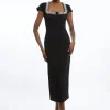 Tailored Compact Viscose Stretch Embellished Cap Sleeve Midi Dress