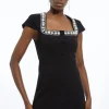 Tailored Compact Viscose Stretch Embellished Cap Sleeve Mini Dress