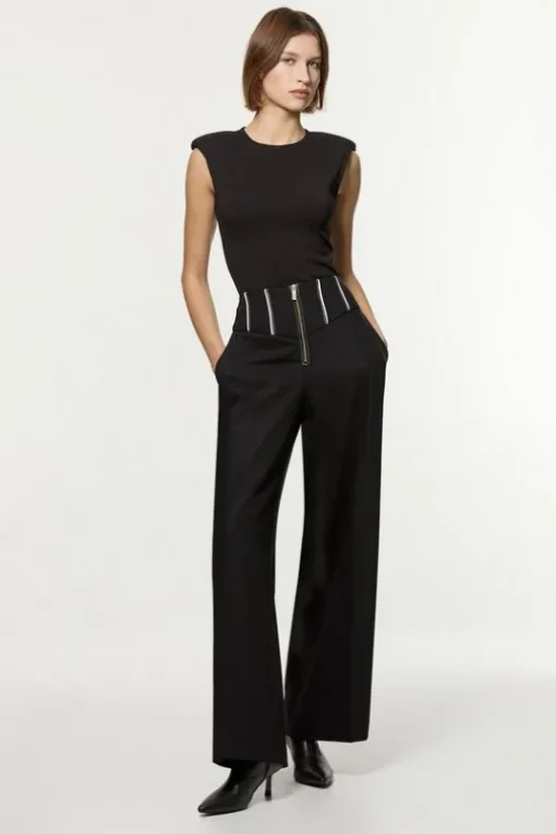 Tailored Contrast Tipped Stitch Detail Straight Leg Pants
