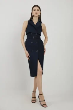 Tailored Cotton Double Breasted Storm Flap Detail Midi Shirt Dress