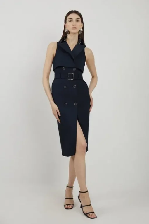 Tailored Cotton Double Breasted Storm Flap Detail Midi Shirt Dress