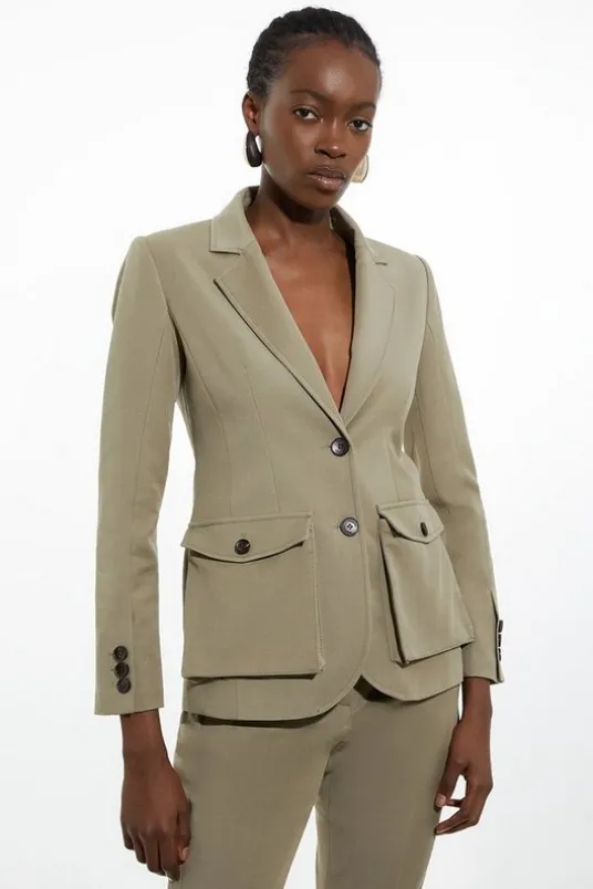 Tailored Cotton Stretch Pocket Detail Belted Tailored Blazer
