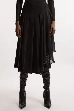 Tailored Crepe Georgette Mix Pleated Buckle Detail Skirt