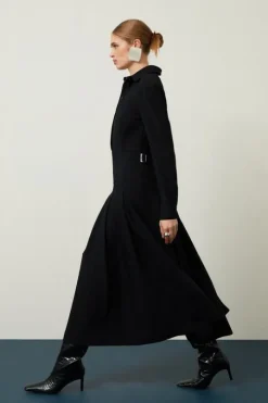Tailored Crepe Pleated Midi Shirt Dress
