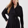 Tailored Crepe Pleated Skirt Wrap Mini Shirt Dress