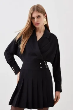 Tailored Crepe Pleated Skirt Wrap Mini Shirt Dress