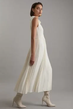 Tailored Crepe Pleated Tab Detail Sleeveless Midaxi Dress