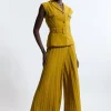 Tailored Crepe Pleated Wide Leg Belted Jumpsuit