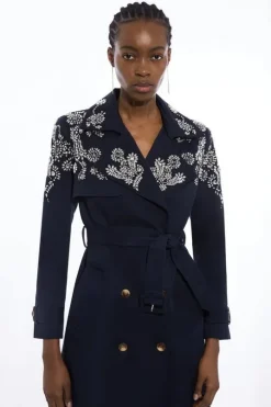 Tailored Crystal Embellished Belted Trench Coat
