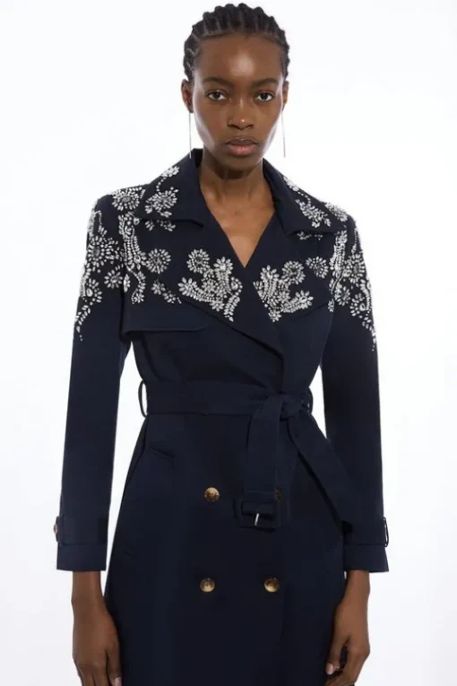 Tailored Crystal Embellished Belted Trench Coat
