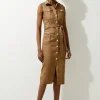 Tailored Denim Cargo Pocket Belted Midi Shirt Dress