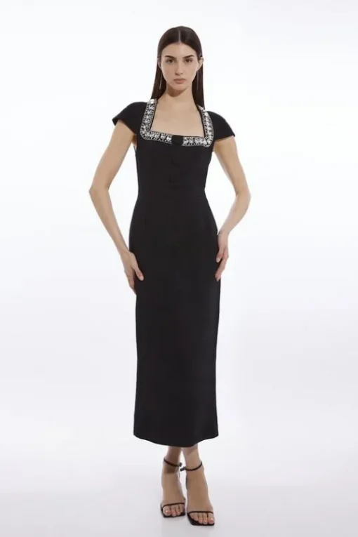 Tailored Embellished Square Neck Midi Dress