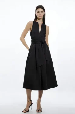 Tailored Satin Bow Detail Full Skirted Midi Dress