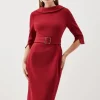 Tailored Structured Crepe Turtleneck Belted Midi Dress