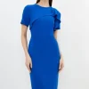 Tailored Structured Crepe Ruffle Detail Pencil Midi Dress