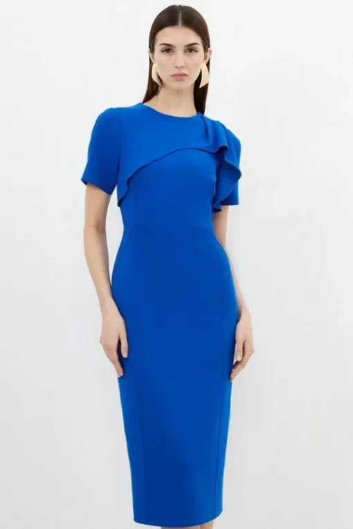Tailored Structured Crepe Ruffle Detail Pencil Midi Dress