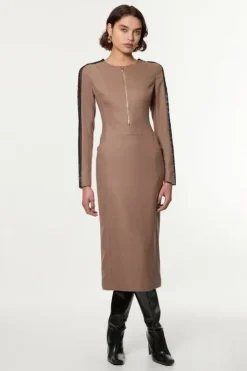 Tailored Twill Lace Mix Zip Front Midi Dress